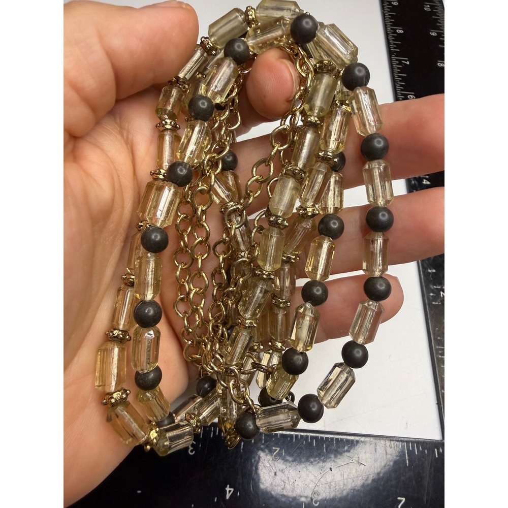 Multi Strand Gold Tone Necklace Champagne Beads Matte Black Layered Chain 21"
